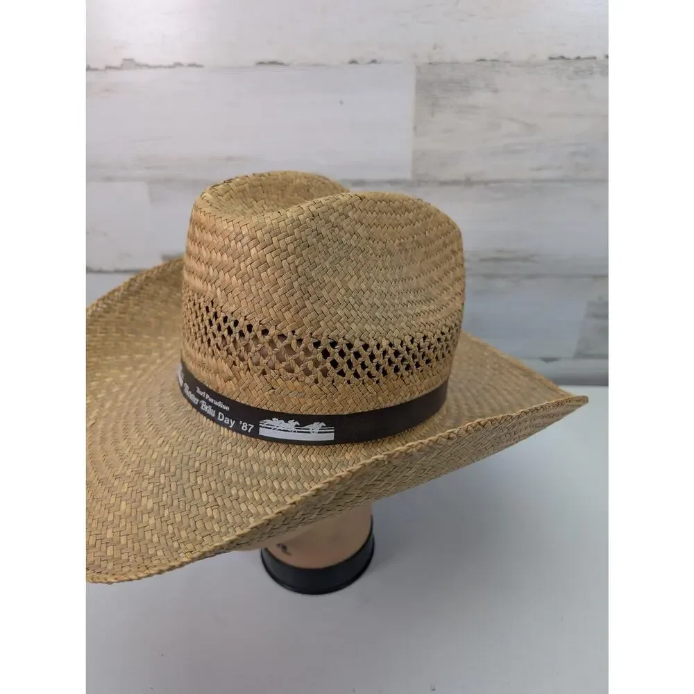 Vintage Turf Paradise Meister Bräu Day Hat Cowboy Straw Western Brown‎ Mens 80s